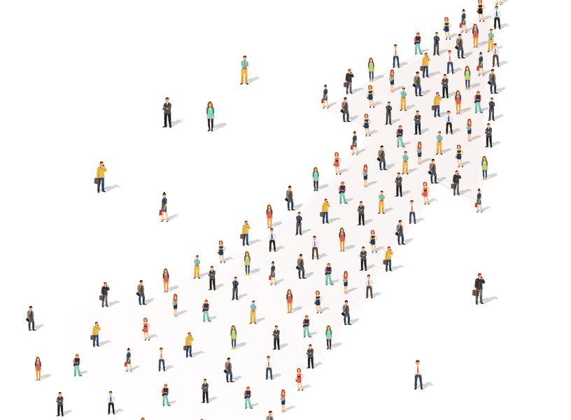 People standing together in shape of an arrow Large group of people standing together in shape of an arrow. Flat style vector illustration isolated on white background.